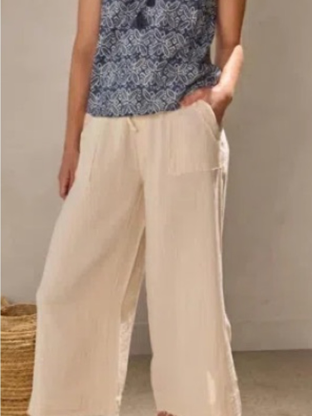 Melissa Nepton Beige Wide-Leg cropped linen Drawstring Pants small NWT